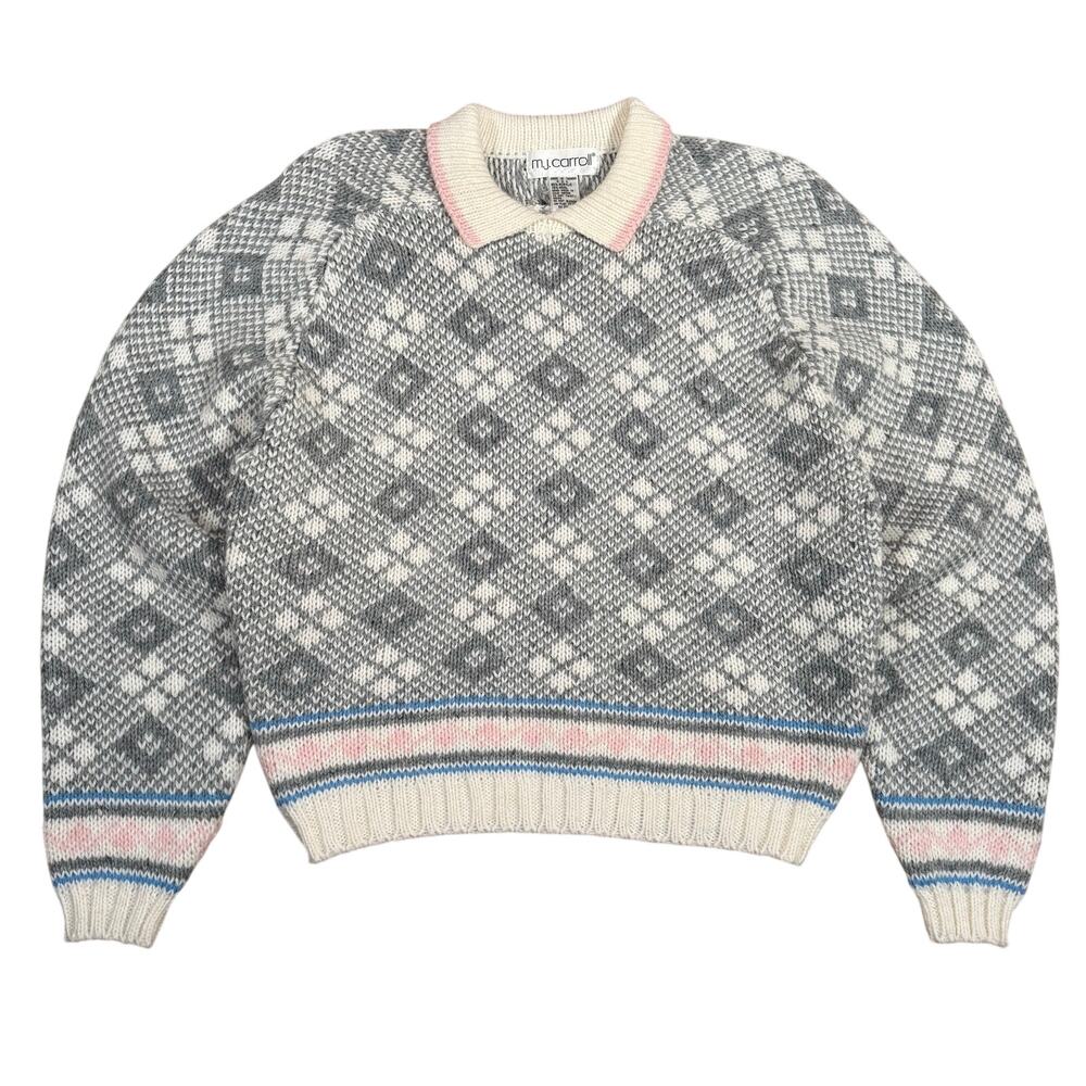 Vintage 80s Grandma Collared Sweater L Gray White Argyle Knit Pink Pastel Trim